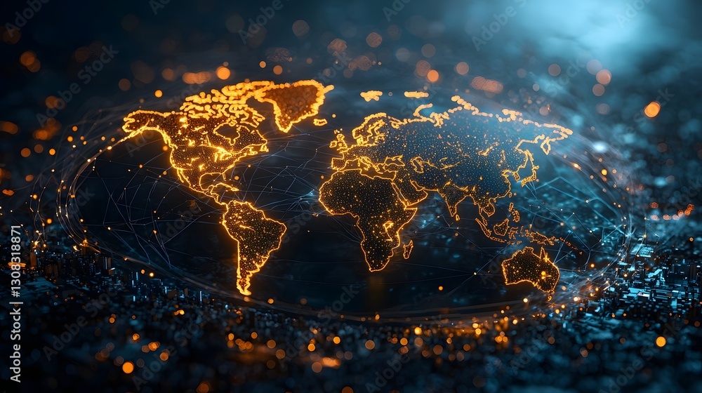 Poster a radiant world map encircled by dynamic data waves showcasing multi dimensional light connections e