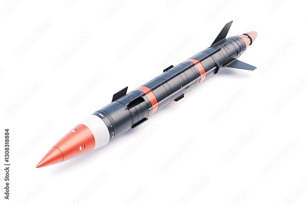 Poster a model missile with a sleek design featuring a pointed tip and fins, primarily in black with red ac