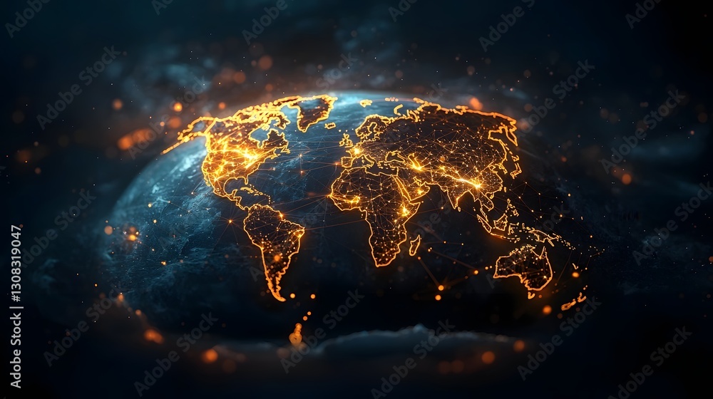 Poster futuristic and minimalistic world map design with dynamic data waves glowing city hubs and seamless 