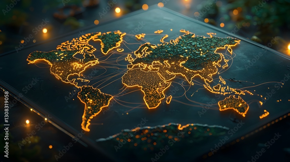 Poster radiant world map encircled by flowing data connections and network hubs futuristic minimalistic com