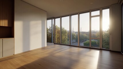 Obraz premium Spacious room with stunning city view showcasing modern design and bright natural light for a vibrant atmosphere