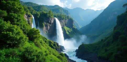 Fototapeta premium Majestic Pulhapanzak Falls cascading down lush green cliffs , energy, power