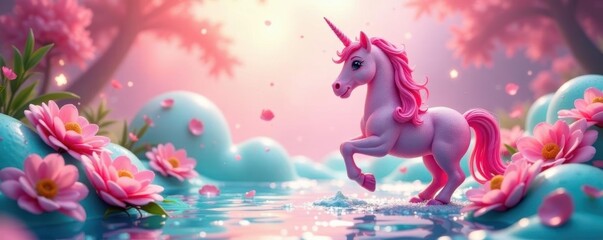 Pink glitter unicorn, pony & mermaid summer birthday scene, pony, shine