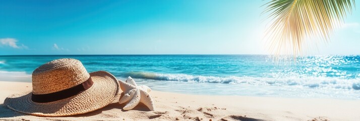 Relaxing at the beach with straw hat and starfish during a bright sunny day by the ocean Generative AI