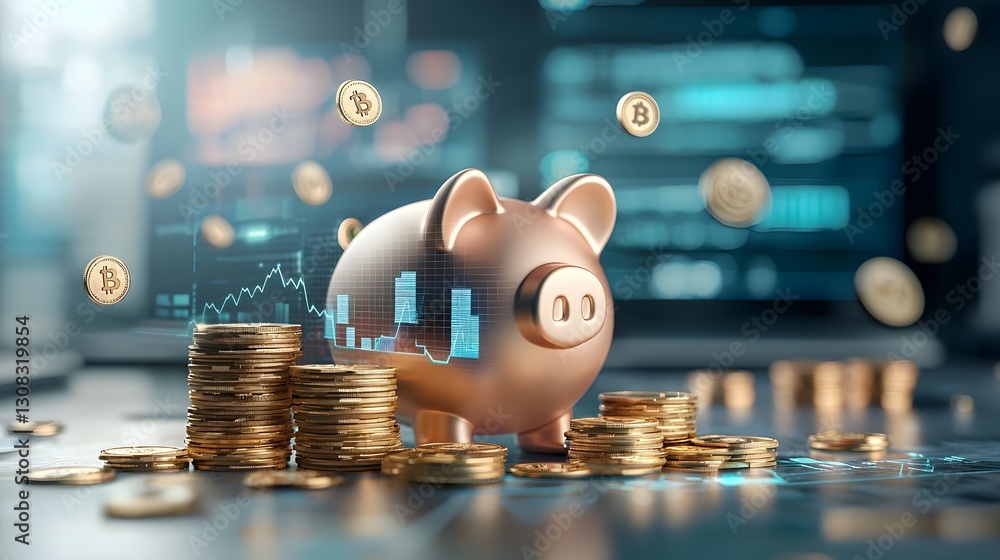 Poster a high tech futuristic piggy bank designed with a sleek metallic gold finish and embedded with glowi