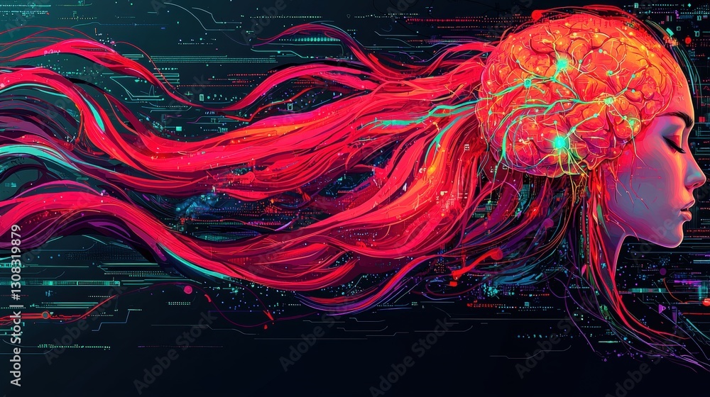 Poster artistic representation of a woman's head surrounded by colorful abstract lines and patterns of thou