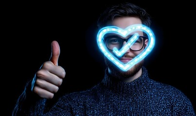 Creative Portrait of Man with Neon Heart and Thumbs Up Gesture