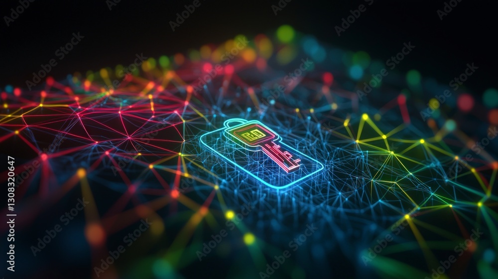 Poster futuristic digital key mfa cybersecurity network security data protection abstract 3d
