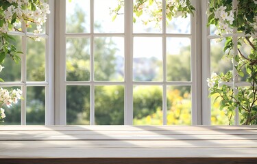 Fototapeta premium Empty wooden table top with a blurred window and green spring garden background for product display presentation mock-up on 