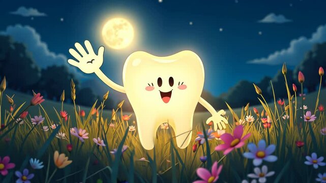  Tooth Mascot With Arms Raised in a Field Under a Bright Moon