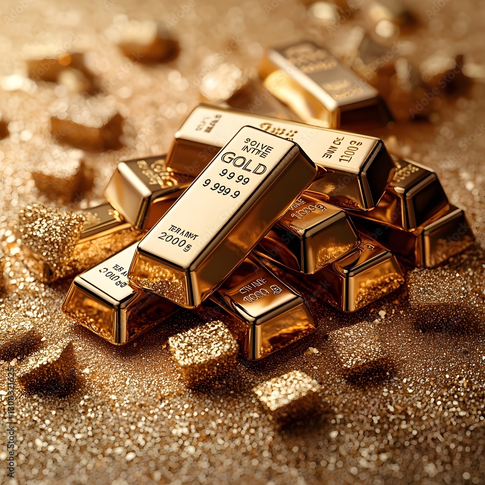 Poster scattered and centered vector style of multiple golden bars with a rich golden metallic reflections 