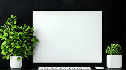 Minimalist Workspace with Blank Screen and Green Plants for Inspiration