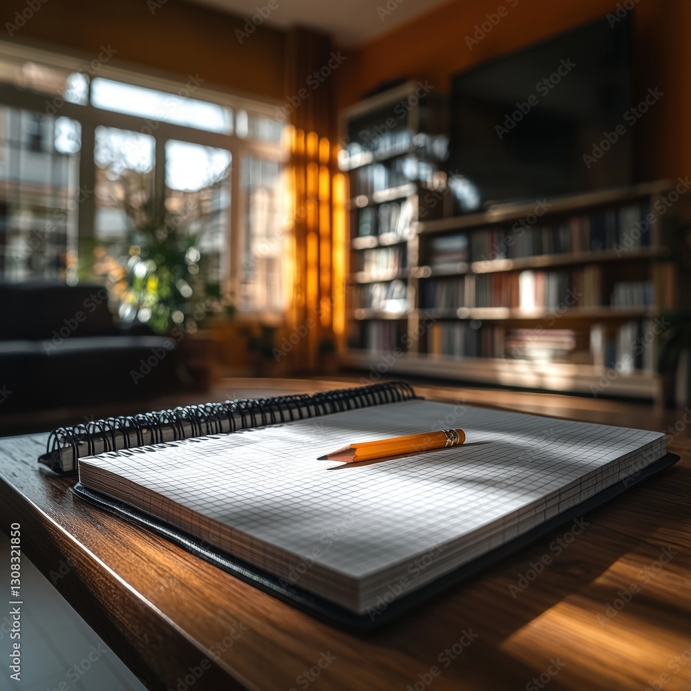 Poster simple notebook resting on a wooden table surrounded by a relaxed and creative atmosphere