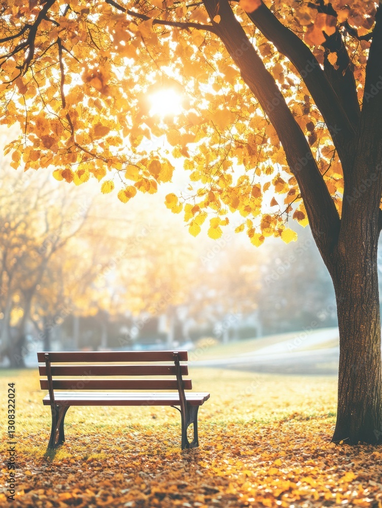Aufkleber solitary bench under a tree surrounded by fallen leaves in a tranquil park during autumn light gener