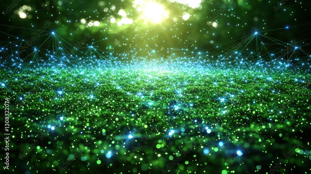 Poster sparkling green and blue glitter background creating a festive and eye-catching visual display