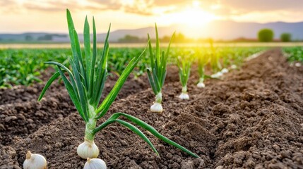 Discover the captivating beauty of a lush green onion field at sunset, where rows of vibrant crops stretch towards the horizon, bathed in the warm golden light of the setting sun This stunning image
