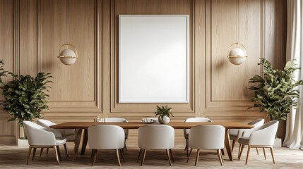 A large white blank poster frame is mounted on the wall of an elegant dining room with modern chairs and a wooden table. The wall behind it has a textured light brown wood paneling. 