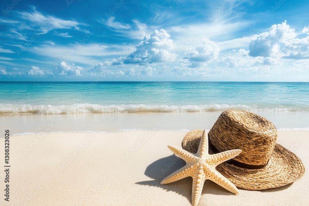 Aufkleber Calm beach with a straw hat and starfish resting on the sand under a clear blue sky Generative AI