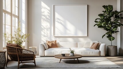 A large white poster frame is hanging on the wall of an elegant living room with light colors, a modern sofa and armchair, a coffee table, decorative elements in beige tones, soft daylight through the