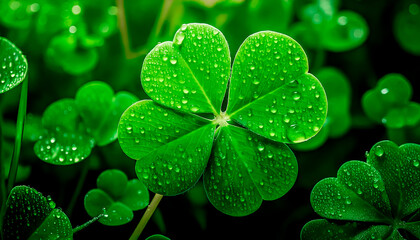 A fresh, Fresh green background with a four leaf clover symbolizing good luck, a water drops on the leaves.