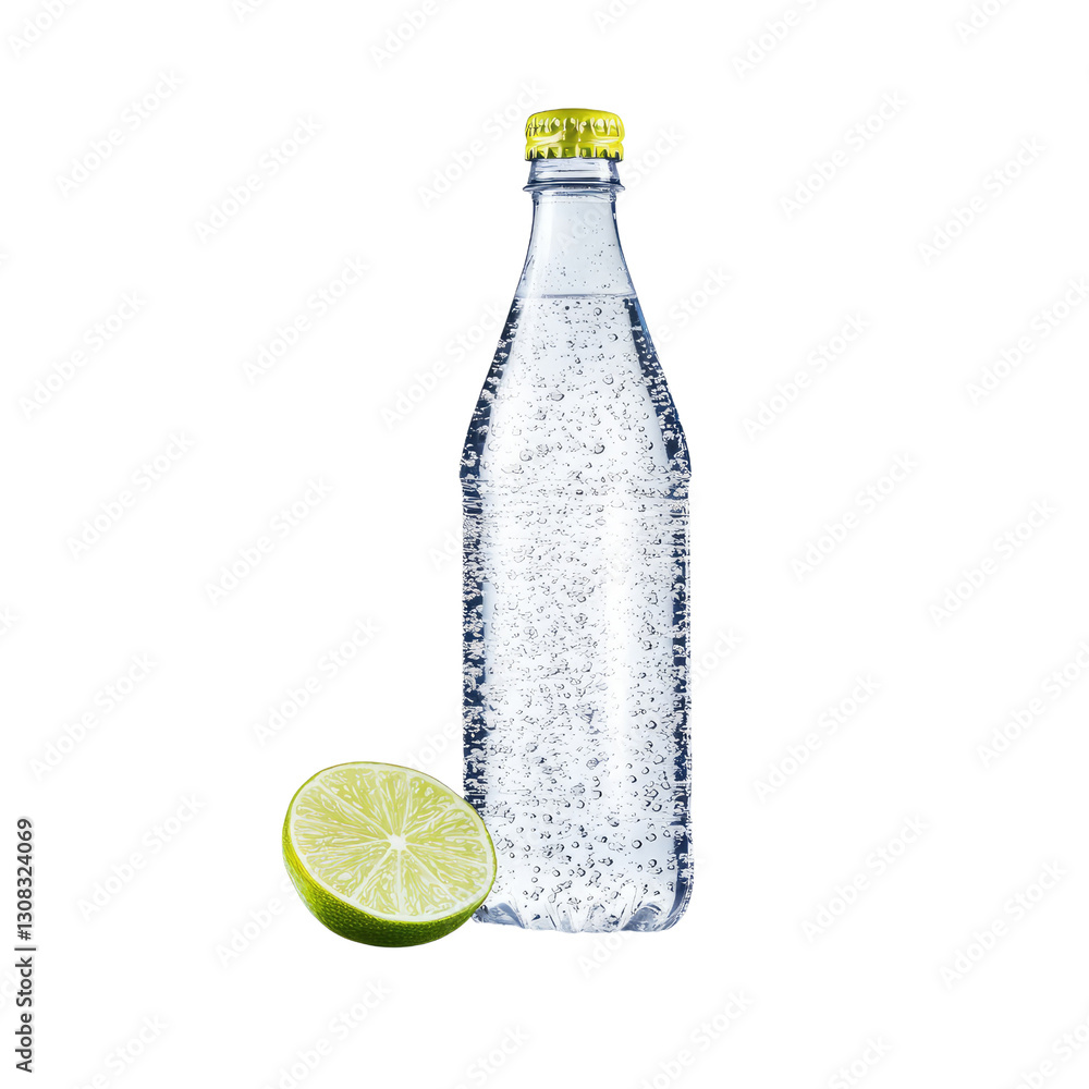 Poster refreshing sparkling water bottle with fresh lime slice isolated on white background