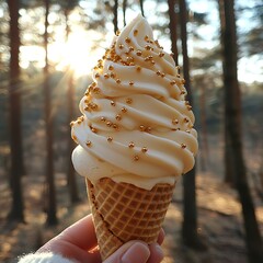 Golden soft serve cone in forest sunset