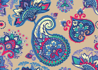 Seamless paisley pattern in Oriental style with floral and ethnic motifs for printed fabric, wallpaper, and packaging