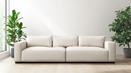 Fototapeta premium Cozy couch nestled in a contemporary room with minimalist design and clean lines for a relaxed living environment