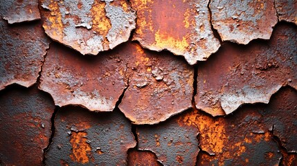 Close-up of heavily rusted, cracked metal surface with various shades of orange, brown, and grey.