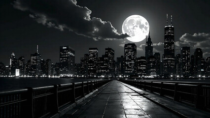 Graphic comic style deep perspective view of a black and white nighttime city skyline with a large moon, emphasizing depth, mood, dramatic lighting, and a dark atmospheric vibe.  High quality, profess