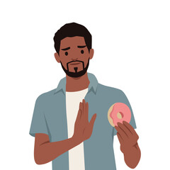 Man with a hesitant expression holds a donut, his hand in refusal, reluctance or self control. Flat vector illustration isolated on white background