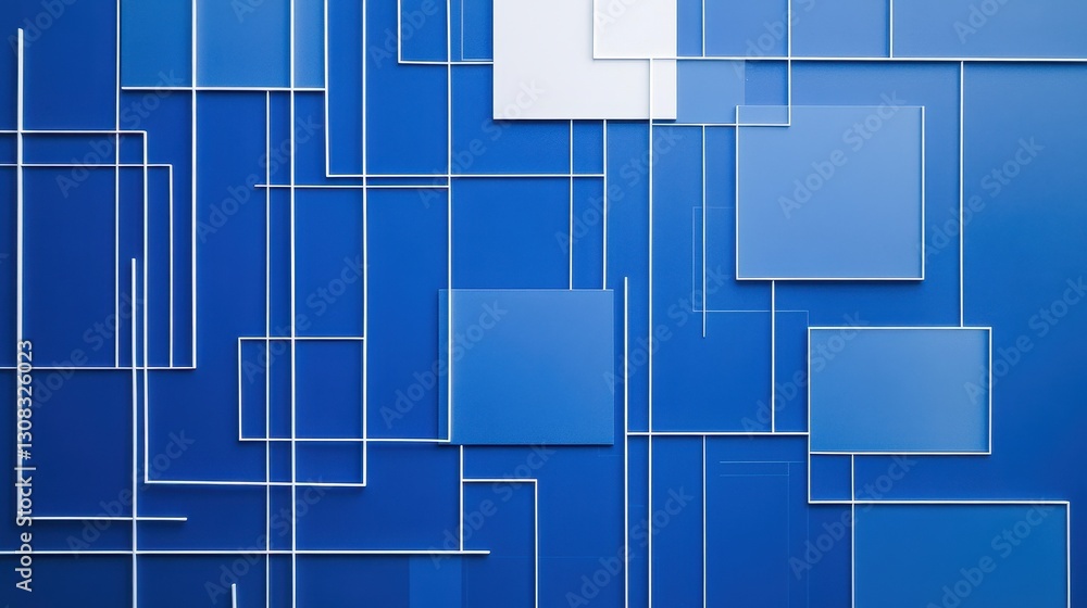 Poster a vibrant blue wall adorned with an artistic arrangement of various squares and rectangles in differ
