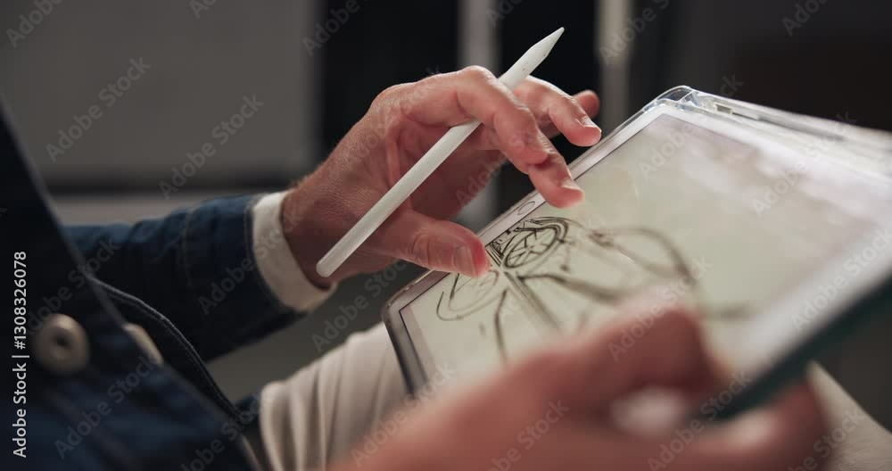 Poster Hands, person and tablet screen with drawing for art, vehicle sketch and editing design with skills. Graphic designer, digital and creative with car illustration, motor structure and project process