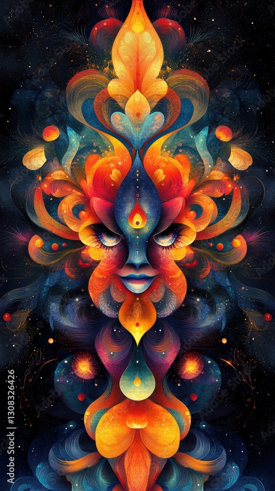 Poster captivating woman's face adorned with a colorful pattern creating an artistic and unique portrait