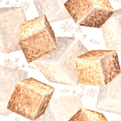 Brown sugar cubes. Seamless pattern. Hand drawn watercolor illustration. Product of sugar cane processing. Natural sweet food design. Ingredient for cooking, spice. Template for food design, packaging