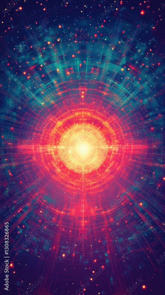 Poster spiraling red and blue design with stars creating a cosmic and dynamic visual experience