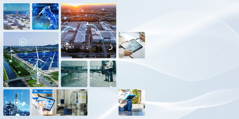 Collage of various industrial images. Wide angle visual for banners or advertisements.