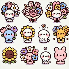 set of funny animals and flowers 