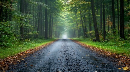 Misty forest road autumn