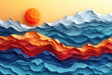 Fototapeta premium Majestic mountain landscape with a bright sun setting behind peaks and casting warm light