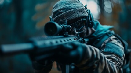 Close up view of a soldier aiming a sniper rifle.