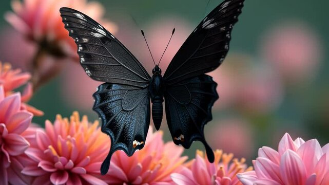  Black Butterfly Perched on Pink Flowers With Detailed Wing Textures