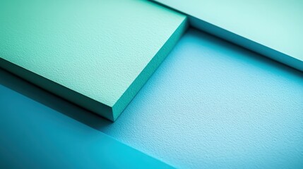 Fototapeta premium A delicate light blue surface meets soft light green in an intimate close-up. Thin paper forms this rectangle, subtly tilted left, with gentle, intriguing edges dancing across the frame