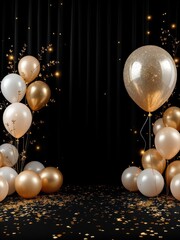 Party Decoration with Golden Confetti, Golden and White Balloons Against a Dark Background