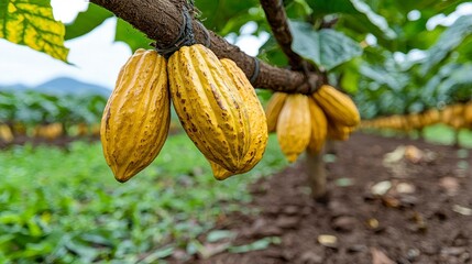 Explore the Richness of Cacao A Visual Journey Through Lush Plantations, Capturing the Vibrant Yellow Hues of Ripe Cacao Pods Hanging on Branches, Showcasing the Essence of Chocolate's Origins