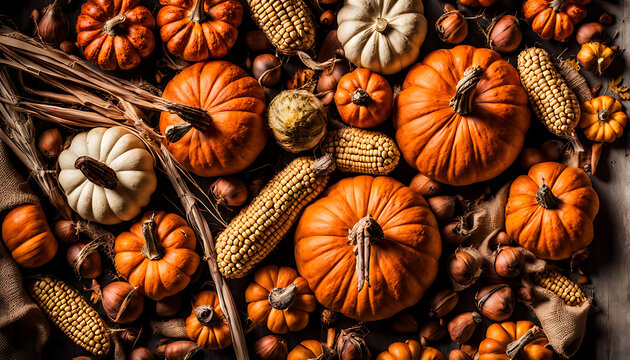 autumn pumpkins surrounded by acorns and dried corn