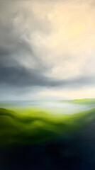 Obraz premium Serene landscape with rolling green hills under a dramatic cloudy sky at dawn
