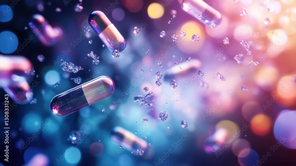 Poster floating capsules dissolve into molecular structures in a dreamy abstract art setting generative ai
