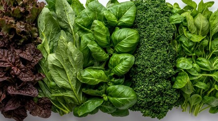 Explore vibrant diversity with this close-up showcasing an array of fresh, leafy greens From the deep, rich hues of red lettuce to the bright, verdant shades of basil, spinach, and parsley, this