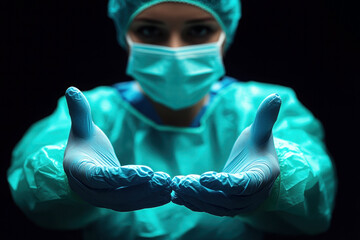 A healthcare professional in scrubs and gloves extends their hands forward, emphasizing readiness and care in a medical environment.